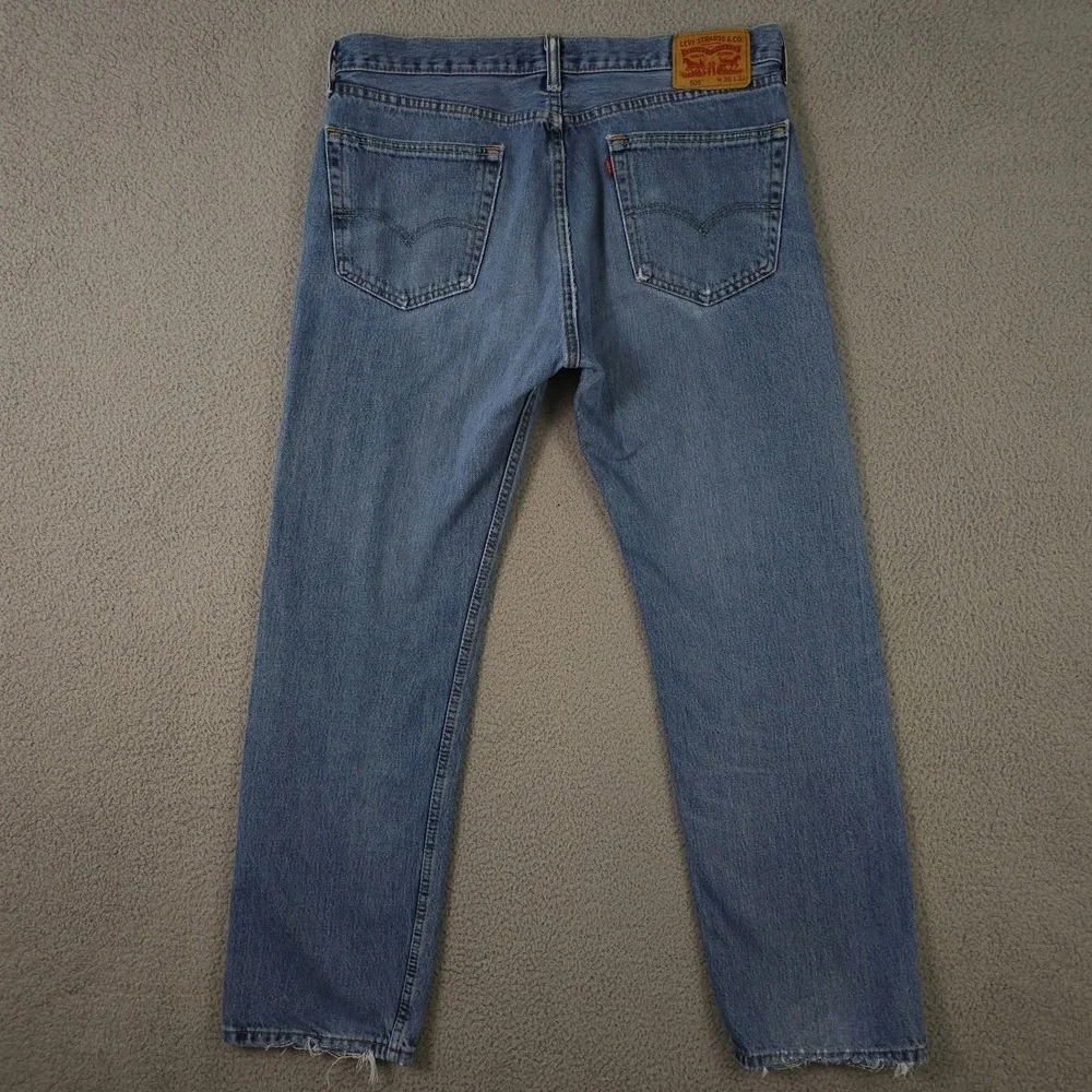 Levis 505 Jeans Mens 36x32 Blue Regular Fit Straight Distressed Workwear Grunge